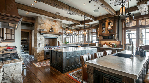 Large luxury rustic kitchen. Ai Generative