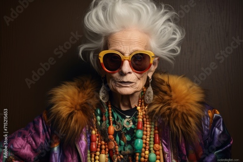 Portrait of an old hippie woman in sunglasses. Studio shot.