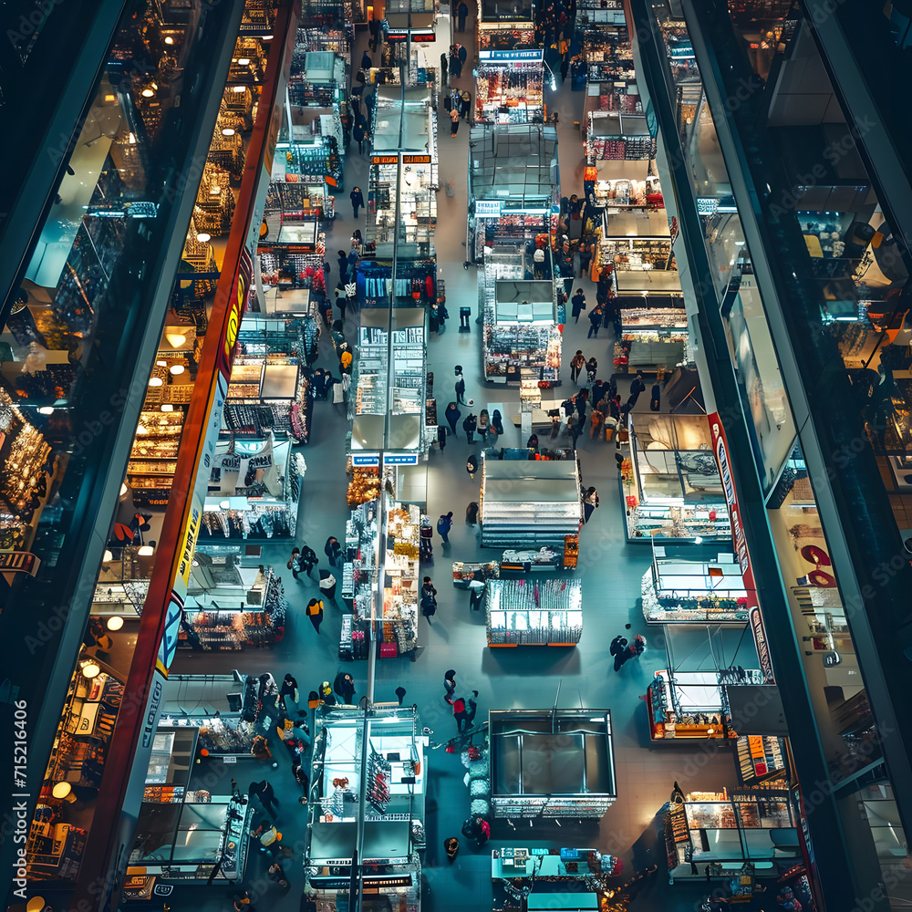 Aerial view of a bustling world trade market filled with various electronic products from around the world, highlighting the dynamism of global trade and the electronics market.
