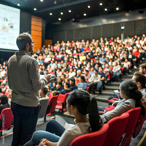 Dynamic shot of a speaker giving a captivating lecture to a diverse audience in a large auditorium, capturing the energy and excitement of a stimulating seminar.