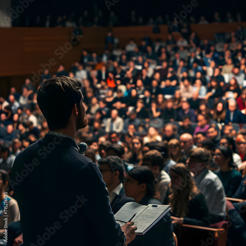 Dynamic shot of a speaker giving a captivating lecture to a diverse audience in a large auditorium, capturing the energy and excitement of a stimulating seminar. © Hasanul