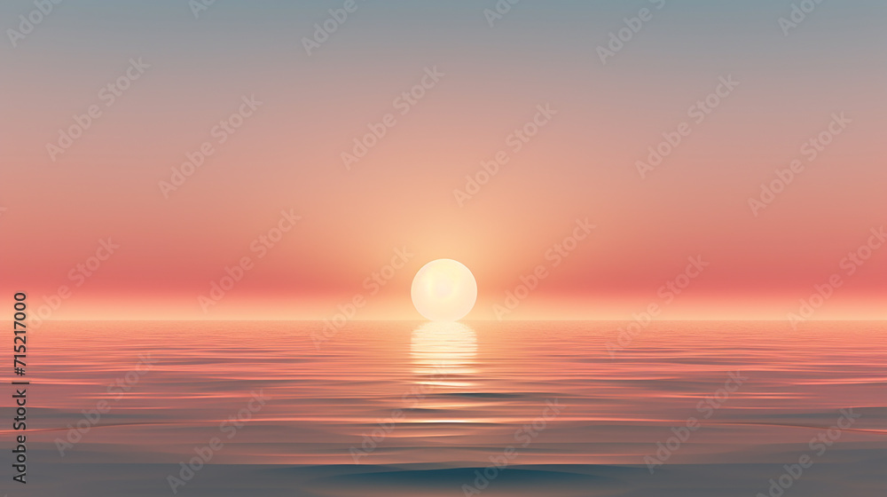 A minimalist sunrise, with the sun just peeking over a low horizon. 3D rendered