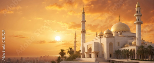 Royal Mosque with sunset background, Islam wide banner design with copy space