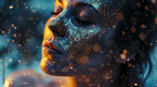 An unconventional beauty shot of a woman, her face and neck dusted with velvet powder and glowing stars, giving her an otherworldly allure.