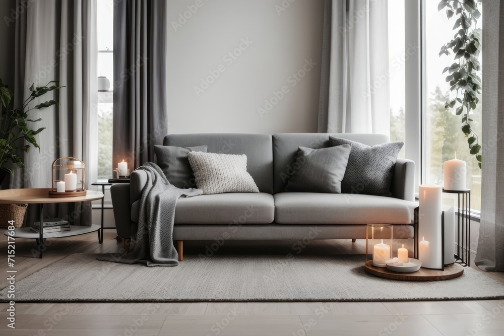 scandinavian interior home design of living room with grey sofa and candle near the window scandinavian interior home design of living room with grey sofa and candle near the window