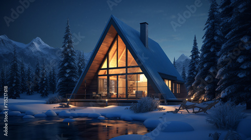 A beautiful minimalist snowy cabin at night 3D rendering