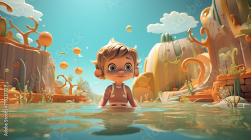 a hyper stylized 3d scene of a toddler swim lesson