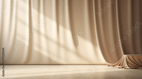 Abstract curtains interior design. Light beige podium background with Generative Ai.