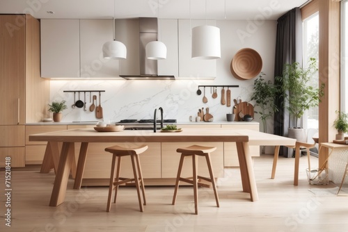 scandinavian interior home design of kitchen with table chair and wooden stools
