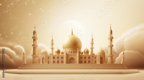 3d illustration of Eid Mubarak background with mosque and moon in the sky.