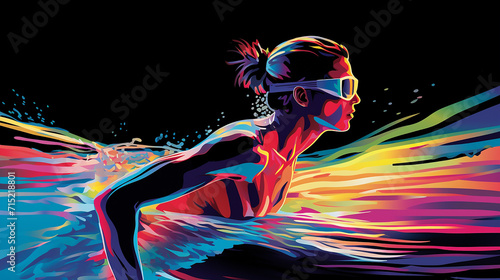 a young swimmer in motion with neon outline of photo