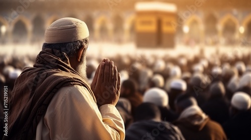 Muslim man praying in Mecca during the holy month of Ramadan with crowds in the background. photo