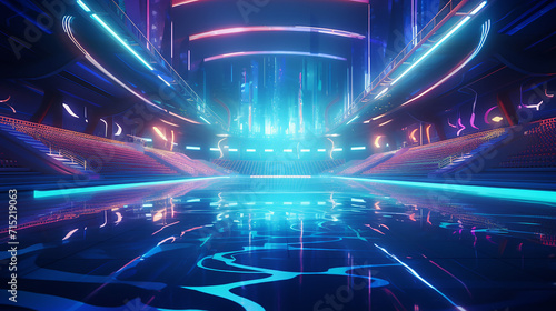 a neon lit 3d render of a high school swim competition