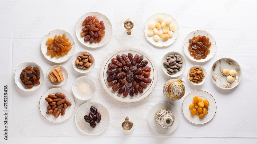 Top view of various dried fruits and nuts in ceramic plates on white background. Top view of various dried fruits and nuts in ceramic plates on white background.