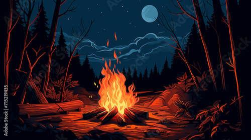a flat illustration of a campfire at night