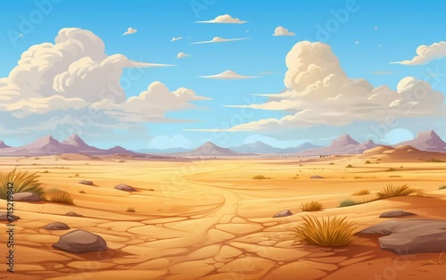 Desert landscape with golden sand dunes and rocks under blue cloudy sky, very beautiful view
