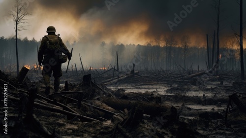 In the midst of the smoky chaos, a lone soldier fought bravely, an embodiment of determination amidst the destruction.