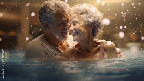 a photo realistic 3d scene of an elderly couple in a pool with a blurred backgruond photo