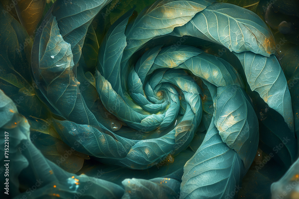 Obraz premium A Green Spiral Background Embodied in Abstraction-Creation, Blending Contemporary Metallurgy with Light Turquoise Tones - A Highly Detailed and Sculptural Expression of Nature's Intricate Beauty
