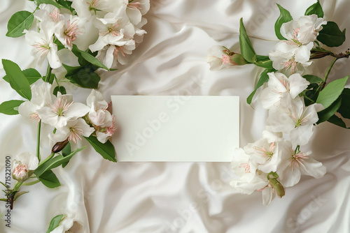 A Flat Lay Composition Featuring Flowers and a Card Resting on a Light White Silk Background - A Captivating and Elegant Arrangement