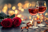 A Pair of Wine Glasses, Adorned with a Blooming Red Rose and Golden Ribbon - A Symbolic Setting for Romantic Celebrations of Love