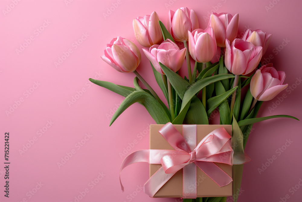 Fototapeta premium Mother's Day or Valentine Romantic Concept - Top View of a Gift Box with Ribbon and a Bouquet of Tulips on a Pink Background, Leaving Room for Heartfelt Messages with Copy Space