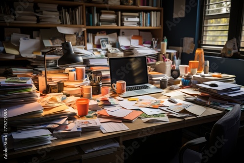 Desk cluttered with paperwork, a computer, and office supplies, showing the daily struggles of office life, Generative AI