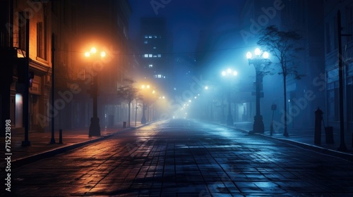 The dimly lit streets enveloped in a dense fog, creating an otherworldly and dreamlike setting for the urban scene.