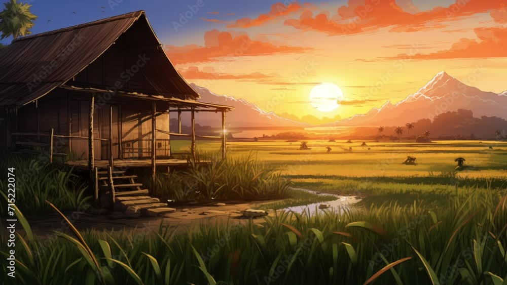 Animated illustration of a wooden hut in the middle of a rice field ...