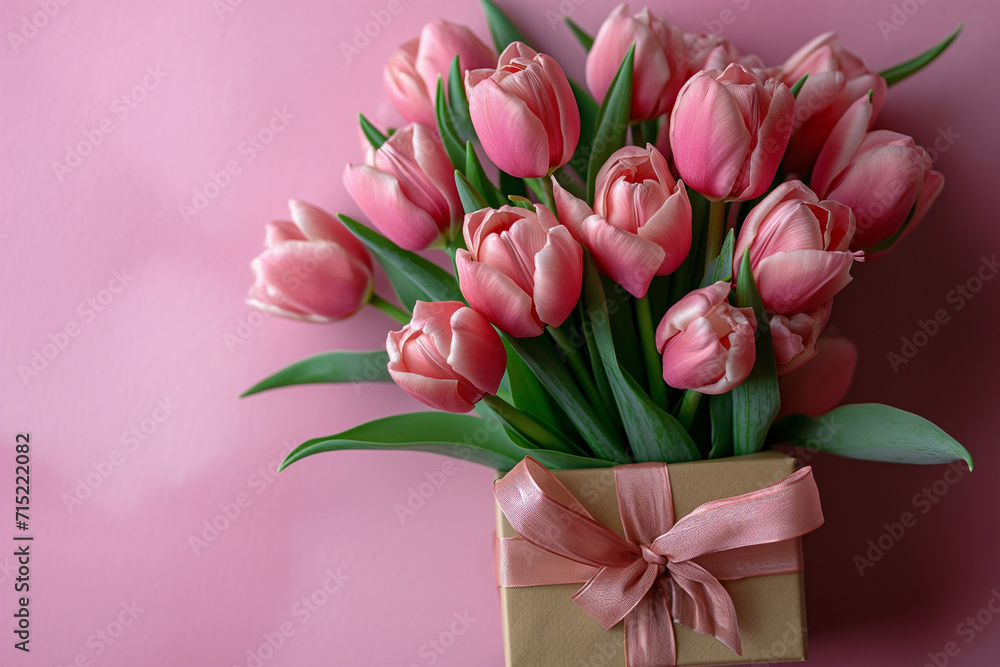 Fototapeta premium Mother's Day or Valentine Romantic Concept - Top View of a Gift Box with Ribbon and a Bouquet of Tulips on a Pink Background, Leaving Room for Heartfelt Messages with Copy Space