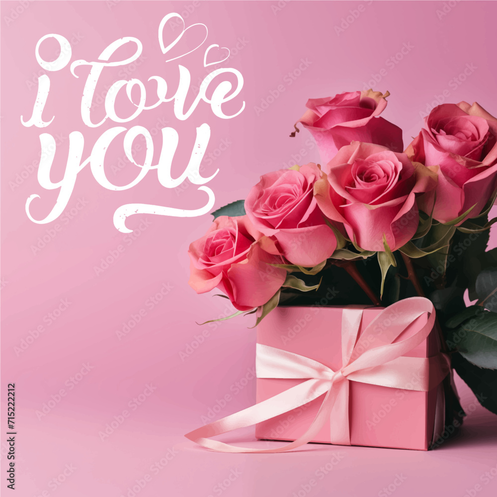 bouquet of red roses on a pink background with a gift for Valentine's Day and with text I love you, a picture for Valentine's Day, generative AI