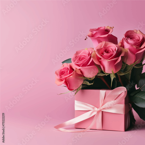 bouquet of red roses on a pink background with a gift for Valentine's Day and with a place for text, a picture for Valentine's Day, generative AI