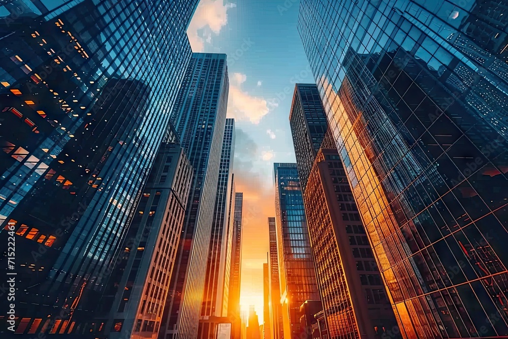 Obraz premium High tower reaching skyward in urban landscape skyscraper city business architecture exterior of office buildings modern of futuristic designs blue dominating view of downtown finance district