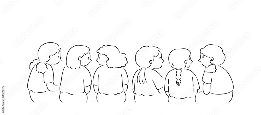 Behide view of girls talking in line drawing vector illustration.