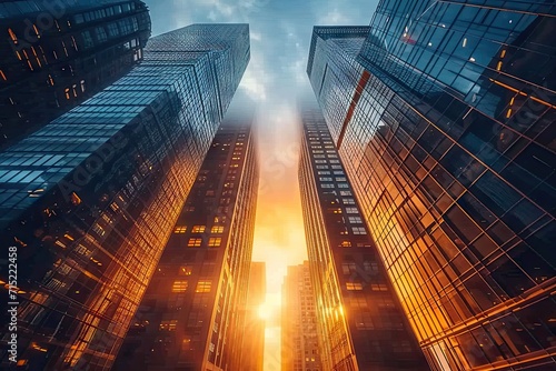 High tower reaching skyward in urban landscape skyscraper city business architecture exterior of office buildings modern of futuristic designs blue dominating view of downtown finance district