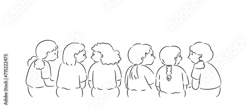 Behide view of girls talking in line drawing vector illustration.