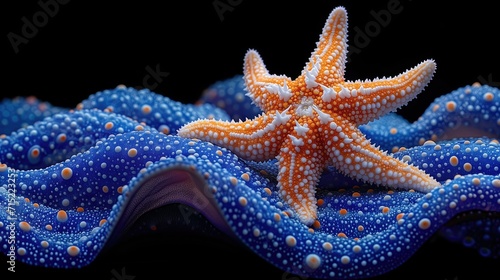 A starfish  its scales a mosaic of orange and white dots  appearing to swim across a canvas of deep blue dotted waves  backdrop wallpaper
