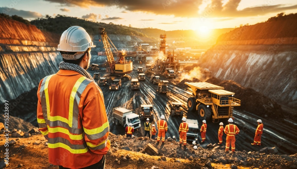 Obraz premium Surveying activities conducted by a worker in a copper open pit mine