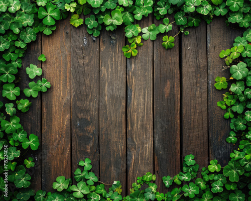 green shamrock leaves on wooden background