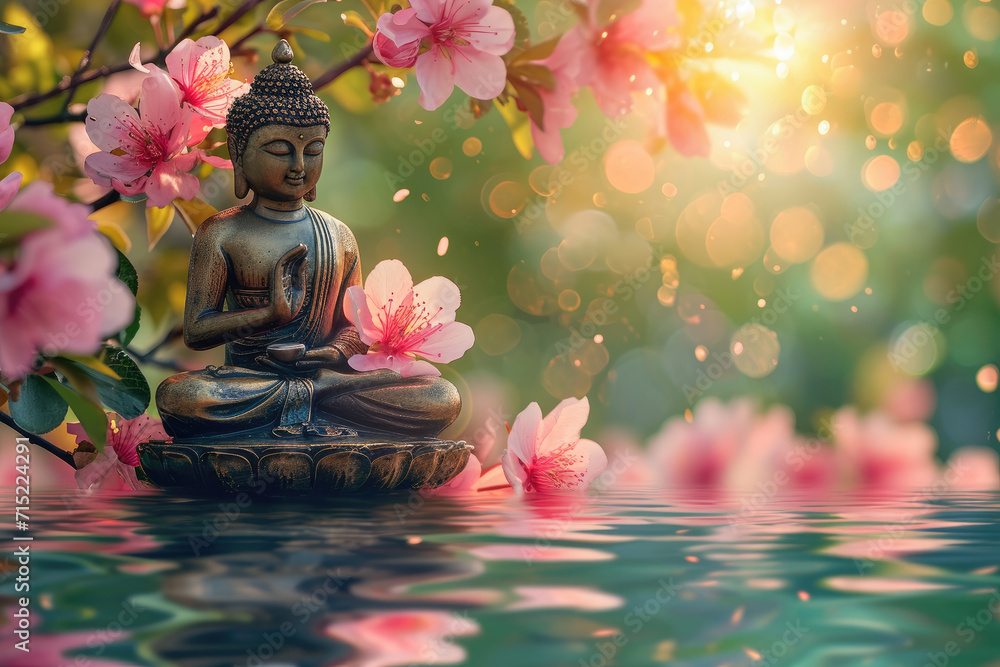 golden buddha with big glowing lotus with cherry blossom flowers, colorful flowers, nature background