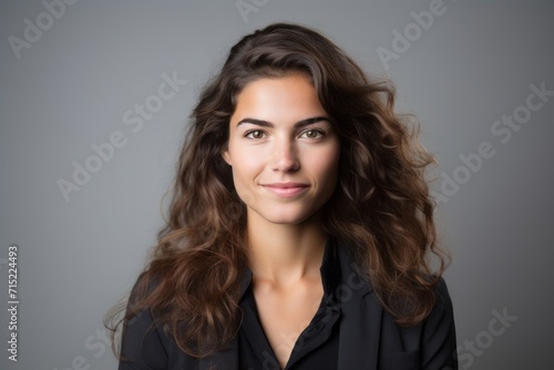 Portrait of a smiling businesswoman with long curly hair, over grey background