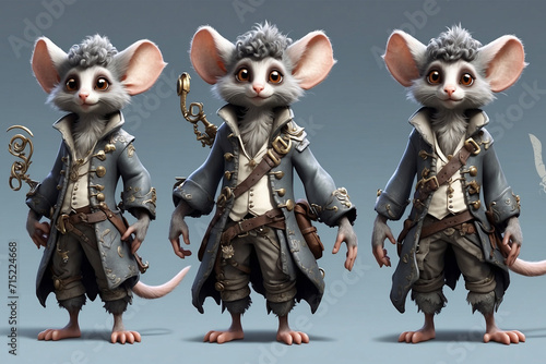 Cute cartoon mouse in costume of a pirate. 3D rendering  halloween party illustration