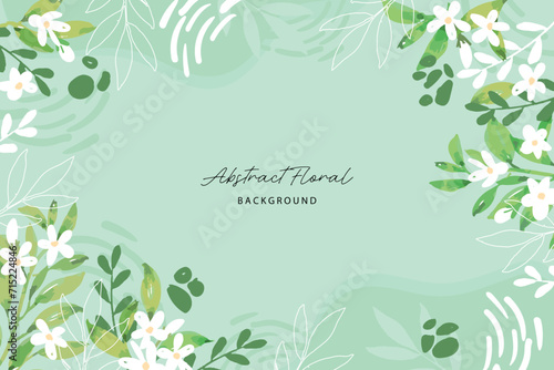 Spring background with jasmine green leaves frame background. Vector jasmine flower banners. Asiatic Jasmine Watercolor illustration. Hand drawn element design. Artistic vector jasmine design element. © Nartco