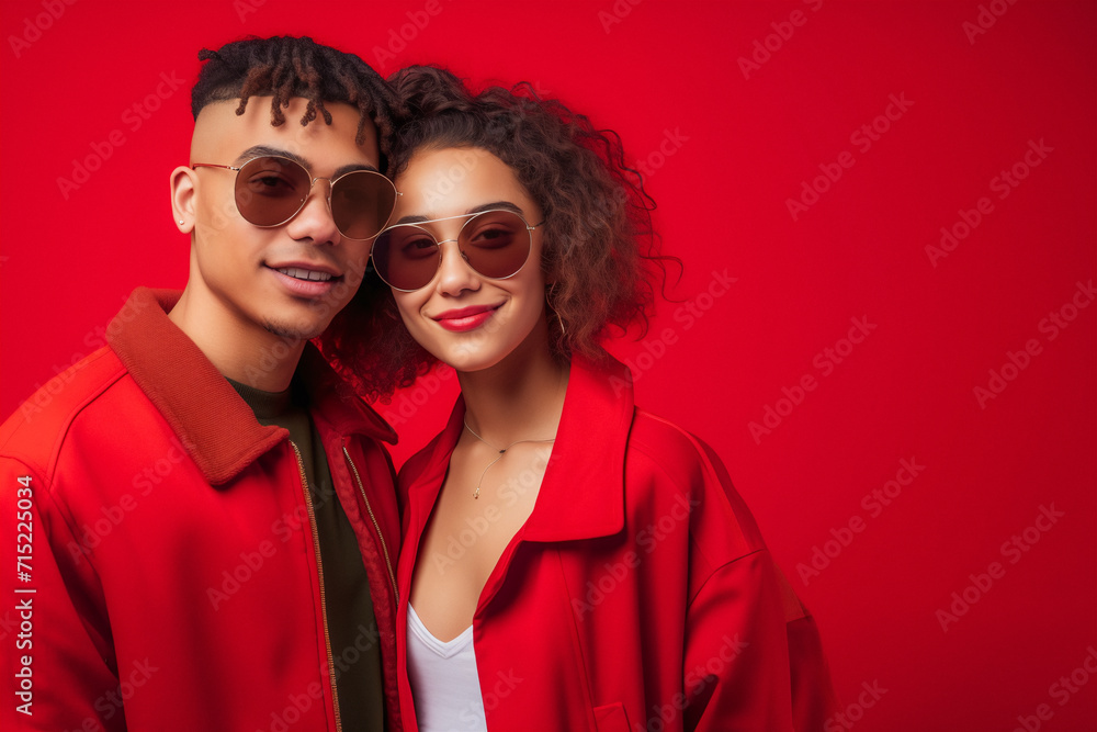 Portrait of a happy young beautiful couple on red background, close up, smiling people. Valentine's day concept Portrait of a happy young beautiful couple on red background, close up, smiling people. Valentine's day concept