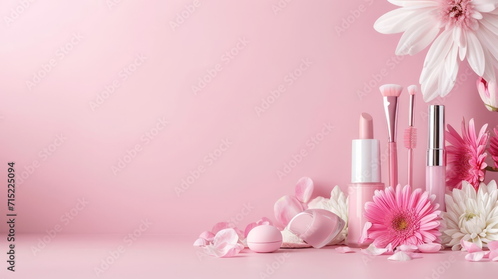 Makeup background with ample copy space, featuring 3D renders of beauty products Makeup background with ample copy space, featuring 3D renders of beauty products