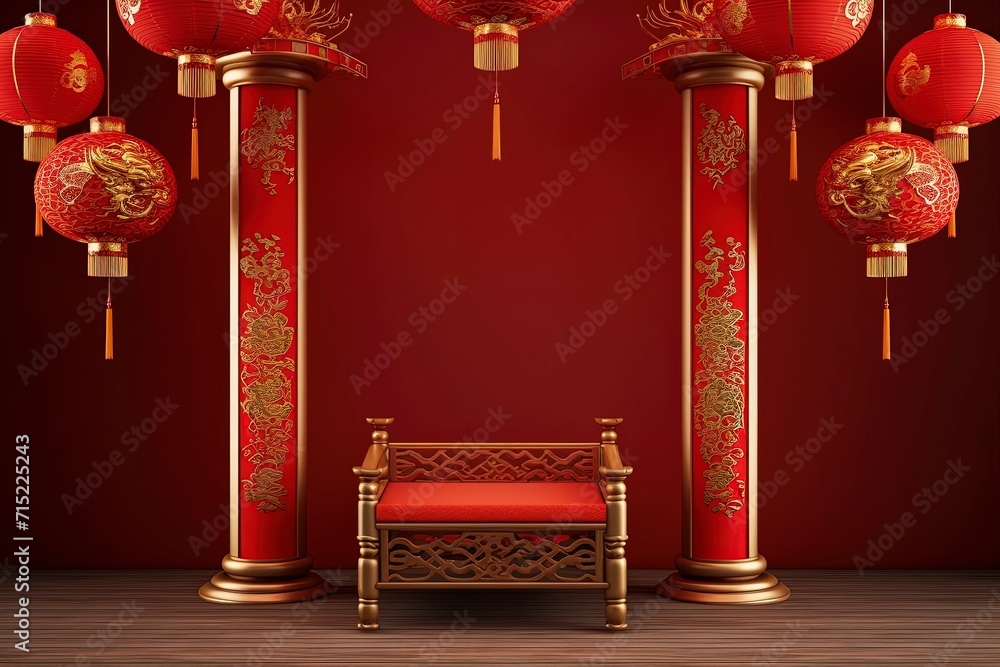 A Chinese podium with a picture of a dragon with an empty space in the middle decorated with hanging Chinese lanterns with generative ai