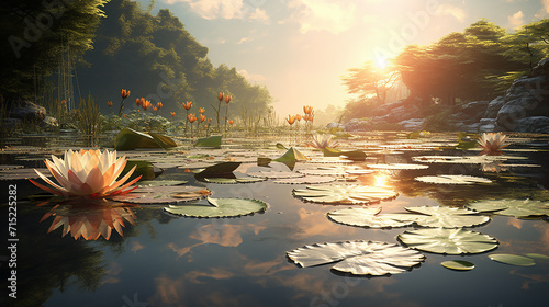 tranquil pond with a single lotus the water surface a mirror to the quietude of nature 3D rendering photo