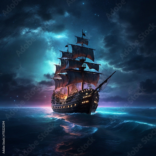 Pirate ship sailing into a bioluminescen