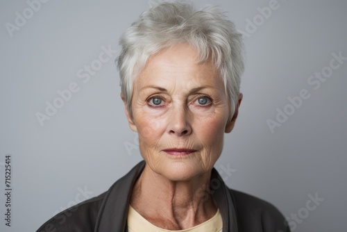 Portrait of a beautiful senior woman looking at the camera, on grey background © Inigo