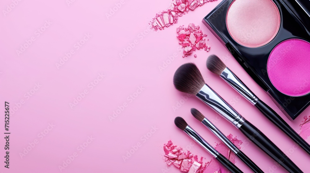 Top view background of a variety of makeup brushes with copy space Top view background of a variety of makeup brushes with copy space